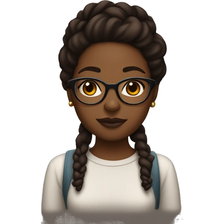 Black girl with really dark brown hair, with slightly dark faded ginger on the ends of her hair, with glasses slightly plump lips, dark brown eyes, nice thick brown brows, big cute nose emoji