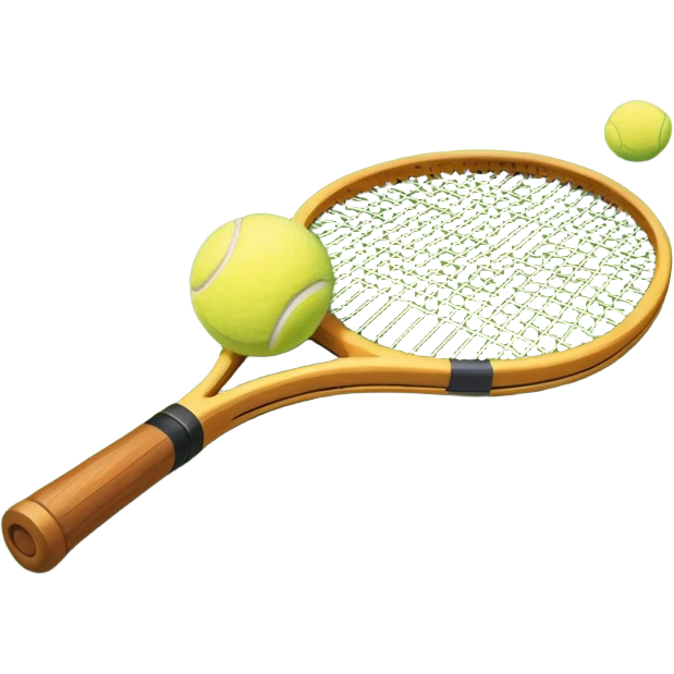 A tennis racket and ball positioned on a grass court, with the net and lines clearly visible in the background. The scene emphasizes the classic elements of the sport, capturing the energy and precision of a tennis match. emoji
