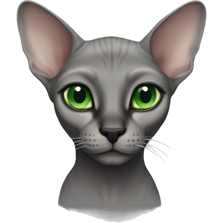 a dark grey sphinx cat with green eyes and a black nose emoji
