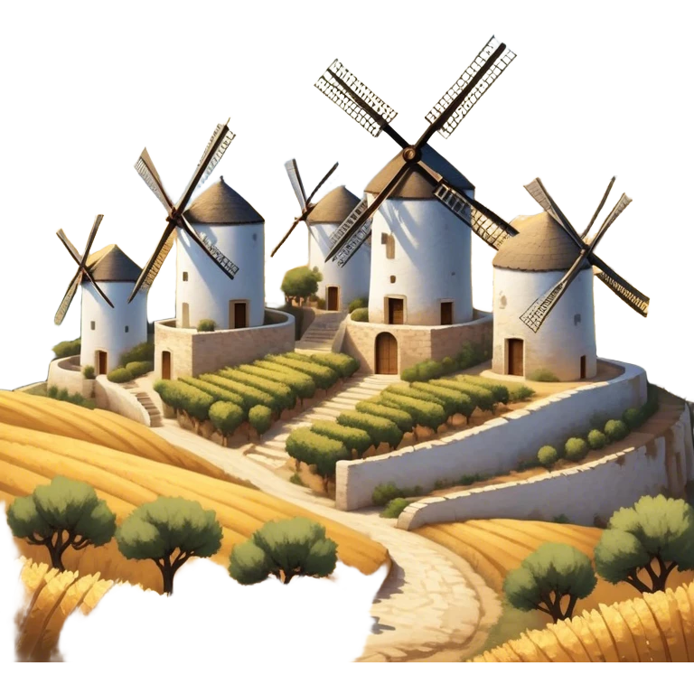 ​Cinematic Realistic Spanish Windmills (Mota del Cuervo), depicted as a cluster of gracefully aged windmills with weathered whitewashed facades and rustic wooden sails, standing proudly on a sunlit, rolling hillside of golden fields and olive groves, rendered with intricate textures and soft natural lighting that captures the timeless rural charm and historical significance of the Spanish landscape, emoji