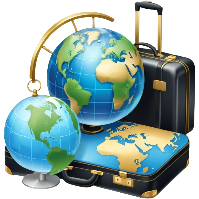 An icon featuring a suitcase, a hotel building, and a globe, symbolizing tourism and hospitality. The design includes a map with a marked destination and a key, representing travel and accommodation. Transparent background highlights the exploration and services of the hospitality industry. emoji