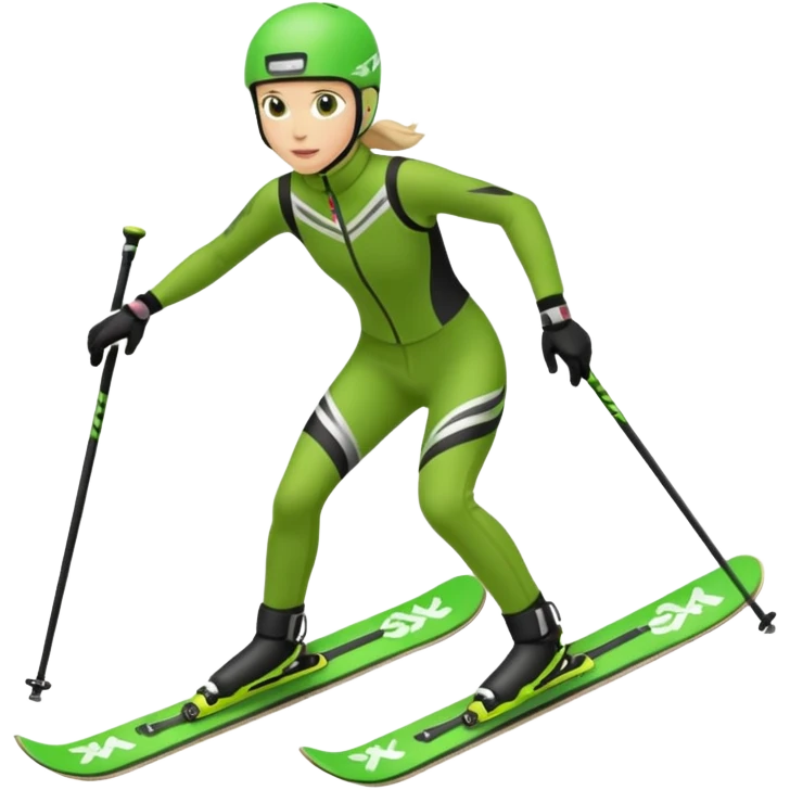 Xc ski racer in green and black clothing. Full body, skate skiing  emoji