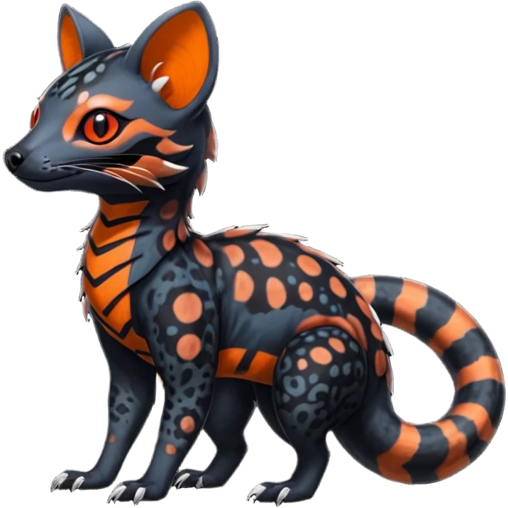 Rare warm-colored exotic edgy epic aesthetic spooky dark modern colorful cyber-Genet-Trico-Salandit-Civet-species-Fakemon-hybrid-creature, with beautiful intricate markings, full body emoji