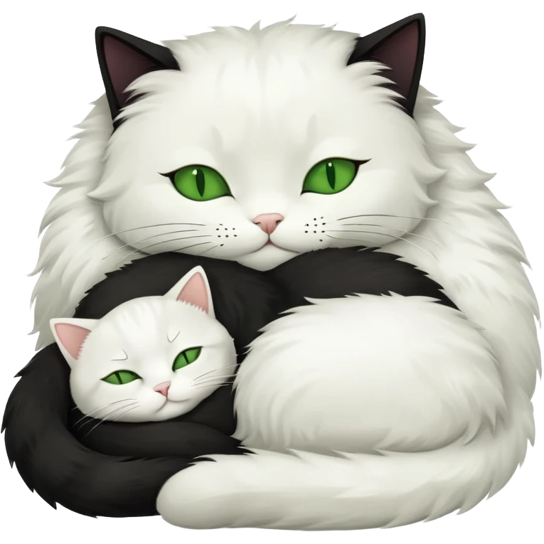 Big black cat with green eyes is sleeping with a small white cat emoji