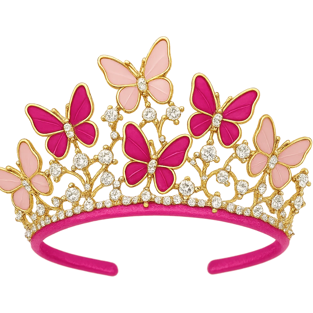 butterfly crown with a hot pink base, butterflies in magenta and blush enamel, sparkling gems, transparent background emoji