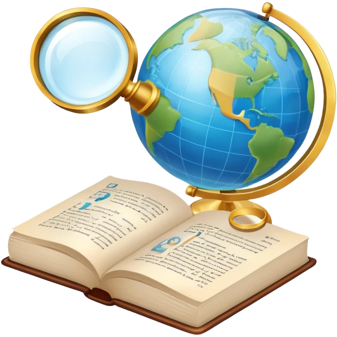 An icon featuring an open book, a speech bubble, and a magnifying glass, symbolizing philology and linguistics. The design includes language symbols, a globe, and alphabet letters, representing the study of languages and their structures. Transparent background  emoji