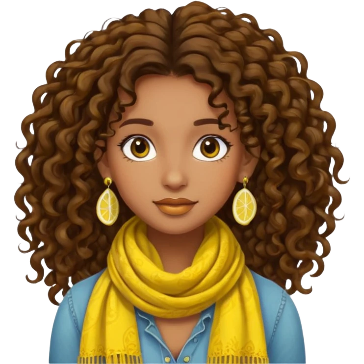 brown-skinned girl, bohemian, long curly brown hair up, lemon yellow scarf, round earrings emoji