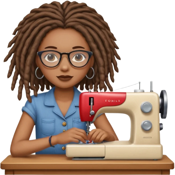 A beautiful African American girl, flawless medium skin tone, glasses, slightly rosey cheeks, natural chin length dread locks, sitting with her sewing machine, still life, 3D rendering, ultra realistic highly detailed, 4k, no emoji icons, no emoji faces. emoji