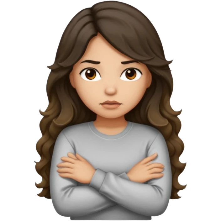 Hispanic light tan girl with long dark wavy hair with arms folded while pouting. Wearing a long sleeve. Hair with middle part. emoji