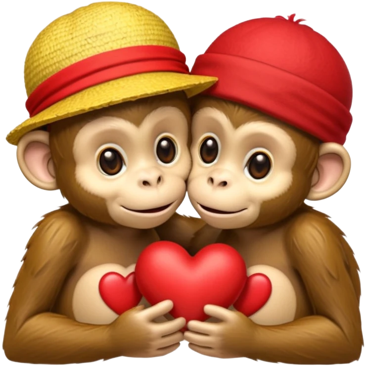 two cartoon monkeys hugging and kissing. The larger monkey is wearing a yellow straw hat like Luffy’s from One Piece. The smaller monkey is wearing a solid red headband. A small red heart floats between them to express affection. emoji