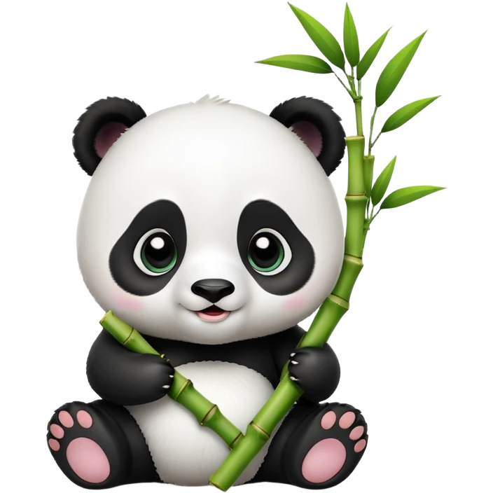 A 3D baby panda sitting and happily eating bamboo, big shiny eyes, cute and cartoonish style, soft lighting, high quality emoji