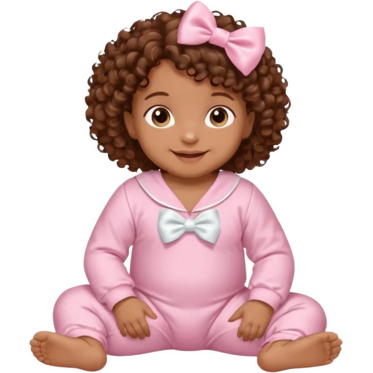 Brown skin 6 month old baby with brown curly hair down laying down smiling with satin baby pink onesie and white bow emoji