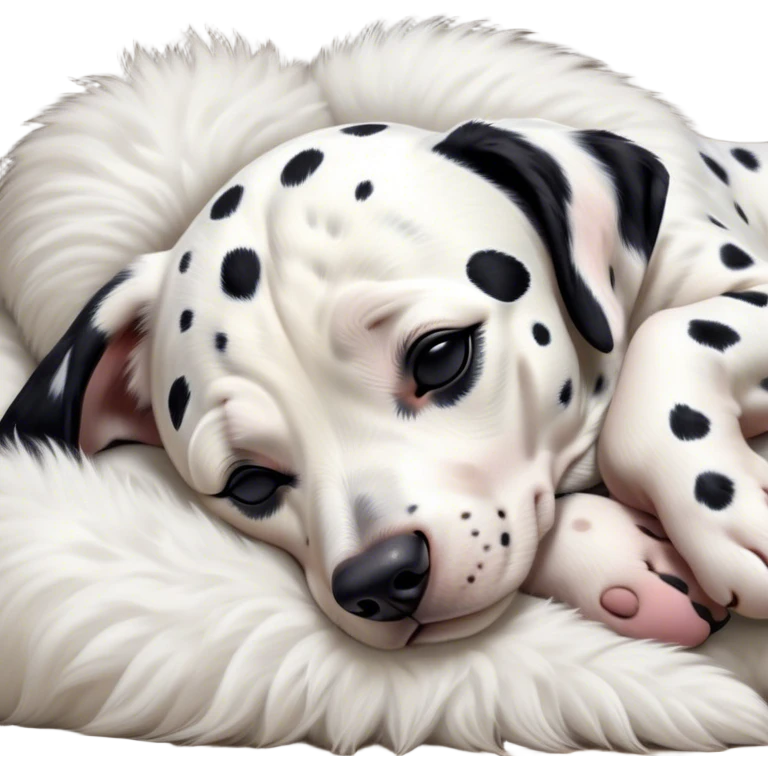 Meme-Worthy Cute Sleeping Spotted Dalmatian Portrait Emoji, Head resting peacefully with a contented smile, showcasing a delightfully majestic build and a luxuriously soft Fur of predominantly white with bold black patches, eyes shut in a serene nap, Simplified yet hilariously adorable features, highly detailed, glowing with a soft, drowsy light, high shine, relaxed and utterly lovable, stylized with an air of playful laziness, bright and heartwarming, soft glowing outline, capturing the essence of a comically sleepy guardian, so meme-worthy it feels like it could instantly become the next viral sensation of adorable slumber! emoji