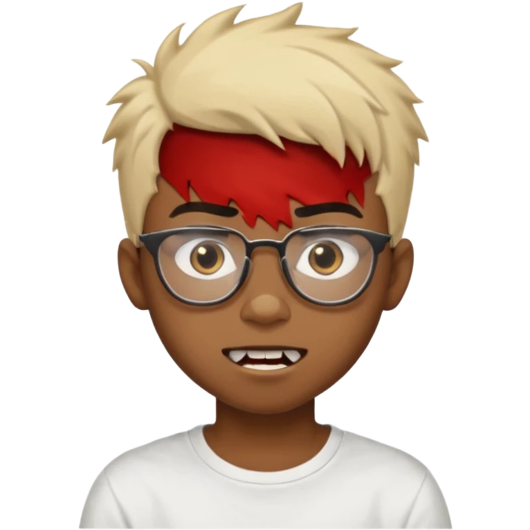 Black Male Teenager with Short punk messy blonde hair, Dark brown bushy eyebrows large expressive golden-brown eyes, wearing a plain white t-shirt, wearing glasses, Dark Brown skin color. vampire tooth emoji