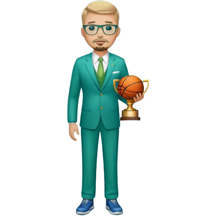 Full Body white male wearing glasses with a goatee with dirty blond very short hair basketball head Coach in blue and green suit holding trophy emoji