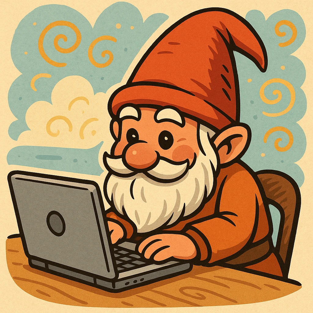 a gnome sitting at a laptop, working diligently, in a whimsical cartoon style emoji