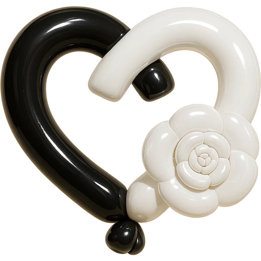 Chanel heart in balloon style, shiny, black and white, with a camellia flower emoji