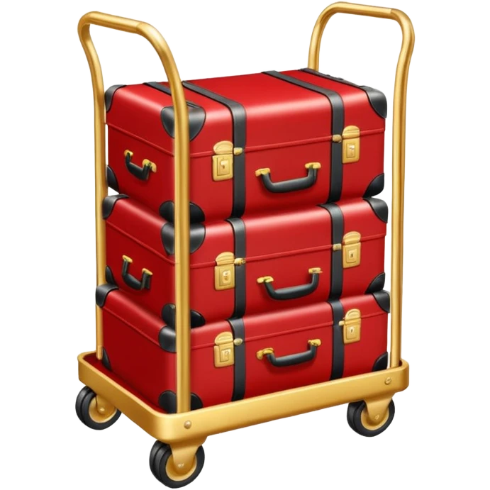 Luggage cart: A polished gold luggage cart with a red carpet base, neatly stacked with suitcases. emoji