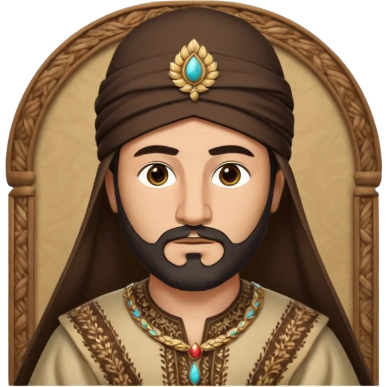 Memoji of Tuğrul Bey with wheat-toned complexion, almond-shaped brown eyes, thick arched eyebrows, dark hair, neatly trimmed short beard, serious expression, traditional Seljuk pointed hat (börk) with ornamental details, fur-lined kaftan collar, charismatic and authoritative emoji