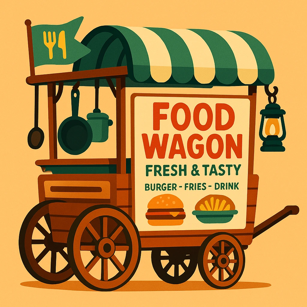 retro food wagon with wooden base, two big spoked wheels, pull handle, curved green and cream striped canopy, signboard saying 'Food Wagon' in red, 'Fresh & Tasty', listing 'Burger – Fries – Drink', burger and food plate drawings, frying pan and pot hanging from frame, black lantern dangling at rear, green flag with fork and knife icons at front, warm soft inviting look emoji