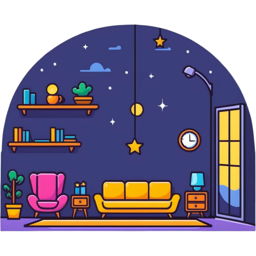 cozy room with furniture and magical sparkles floating above the furniture emoji