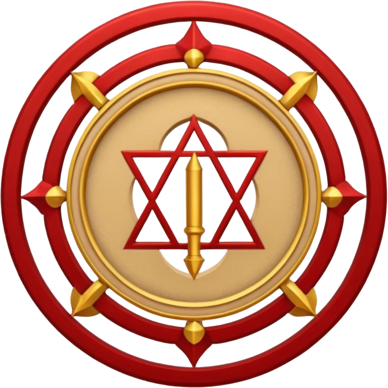 a circular casting sigil inspired by the wizard101 balance school using base color sand and trim color red. A golden scale in the middle as a focus  emoji