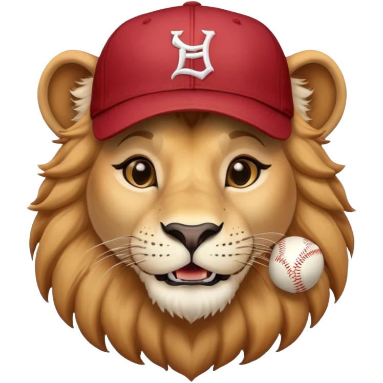 friendly anthropomorphised female lion head and shoulders wearing a baseball cap emoji