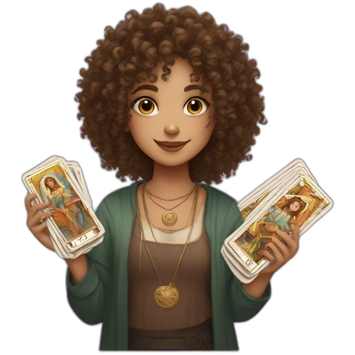 A brown curly haired girl with a deck of tarot cards emoji