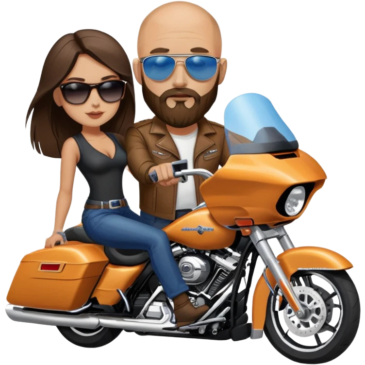 Harley Davidson road glide bearded bald blue eyes man  sunglasses  with brunette girl  pillion emoji