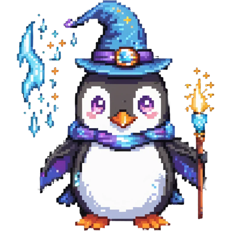 a penguin wizard casting a spell with sparkles emoji