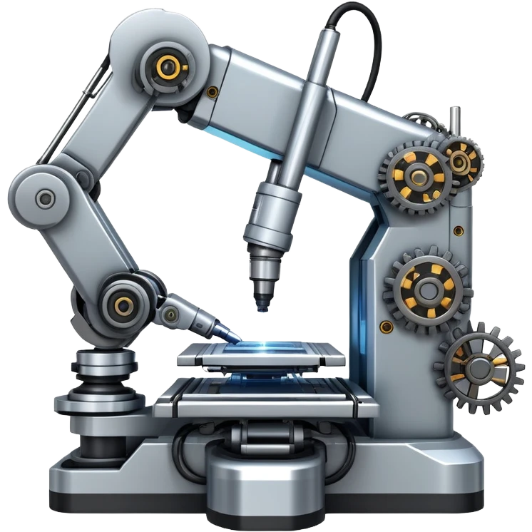 An icon featuring a giant robotic machine welding a large microchip with a laser, using two robotic arms. The design includes circuit boards, gears, and technical schematics, symbolizing advanced engineering and automation. Transparent background highlights the fusion of technology emoji