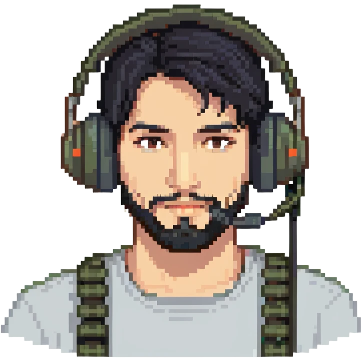 laughing man with black hair, brown eyes, black beard wearing gaming headset emoji