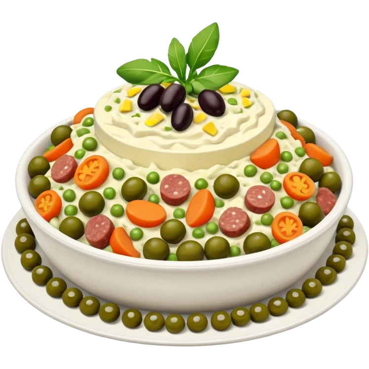 Salată de boeuf: a Romanian festive salad made with finely chopped boiled vegetables, pickles, peas, and beef or chicken, all mixed with mayonnaise and decorated with olives and pickles. emoji
