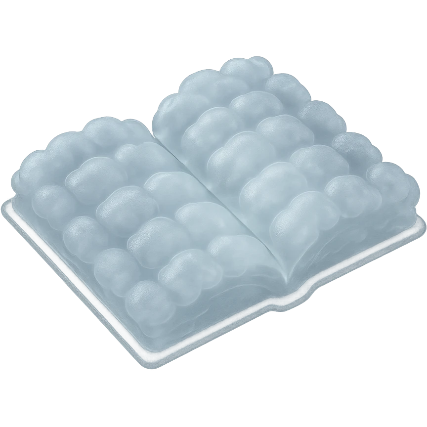 top view of a thick open book made entirely of small, very bright white fluffy convex clouds, matte glass style emoji