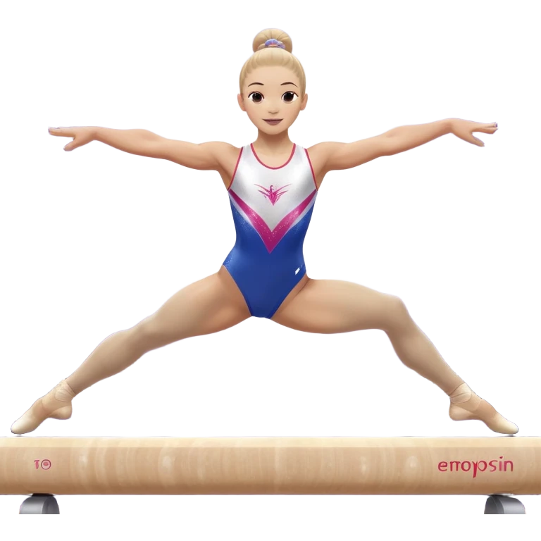 A gymnast performing a flawless routine on the balance beam, showcasing strength and grace. The scene captures the precise, elegant movement with perfect balance and form. The background features a gymnastics arena with vibrant lighting and cheering crowds, emphasizing athleticism and poise. emoji