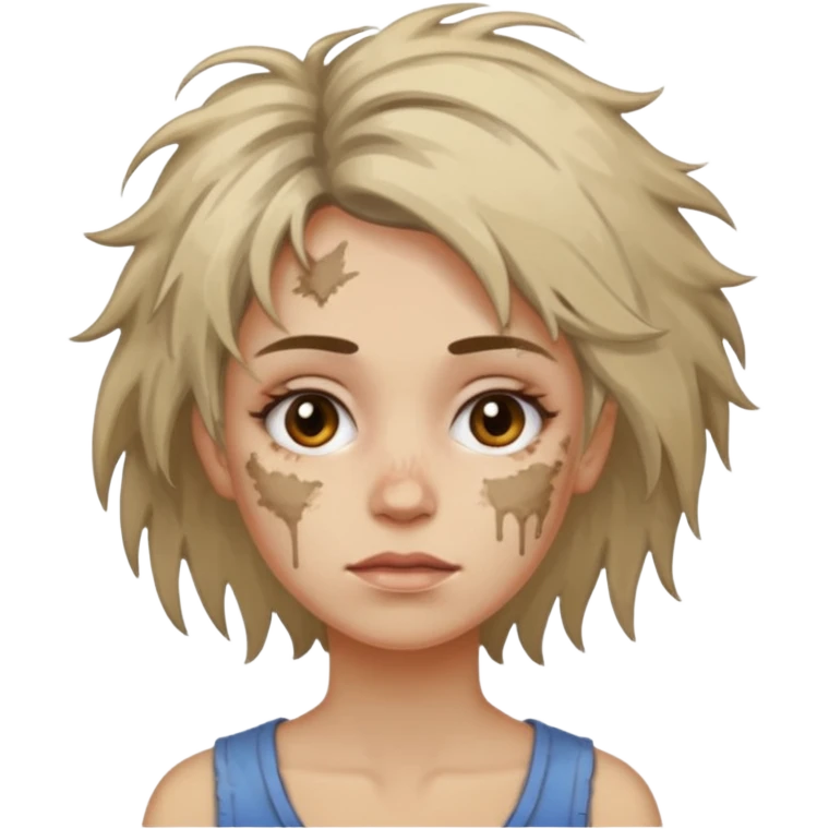 very dirty looking homeless woman very very dirty and smelly looking face only, not old with grey smudges everywhere and messy hair and lots of stains on face ugly and smudged face on forehead and chin emoji