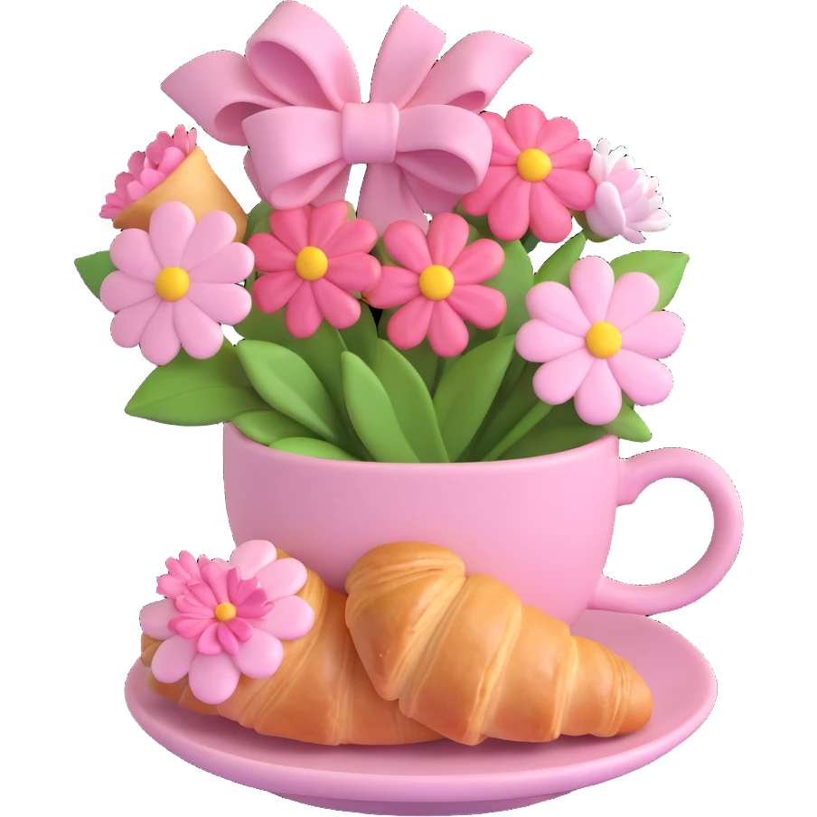 pink coffee cup with flowers and bow, on a saucer, with a croissant topped with white icing, soft pastel background emoji