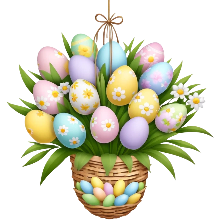 Flowers buque with Easter pastel draw eggs hanging of it emoji