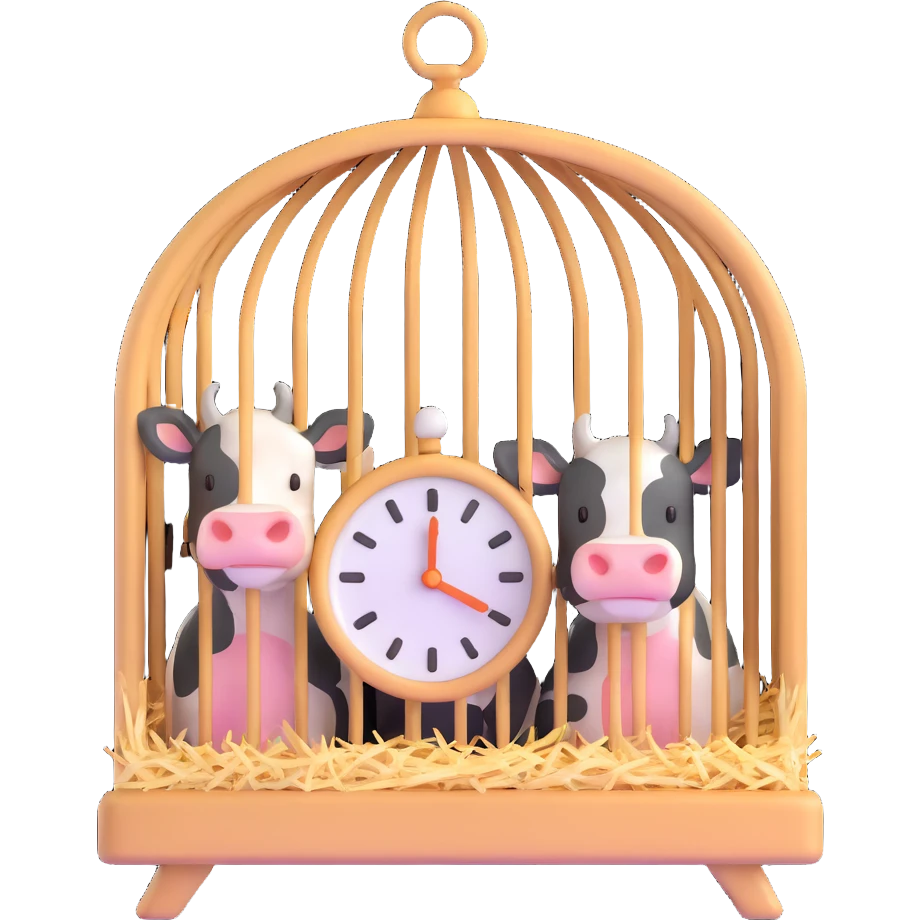 straw-lined cage with calves inside and a small clock emoji