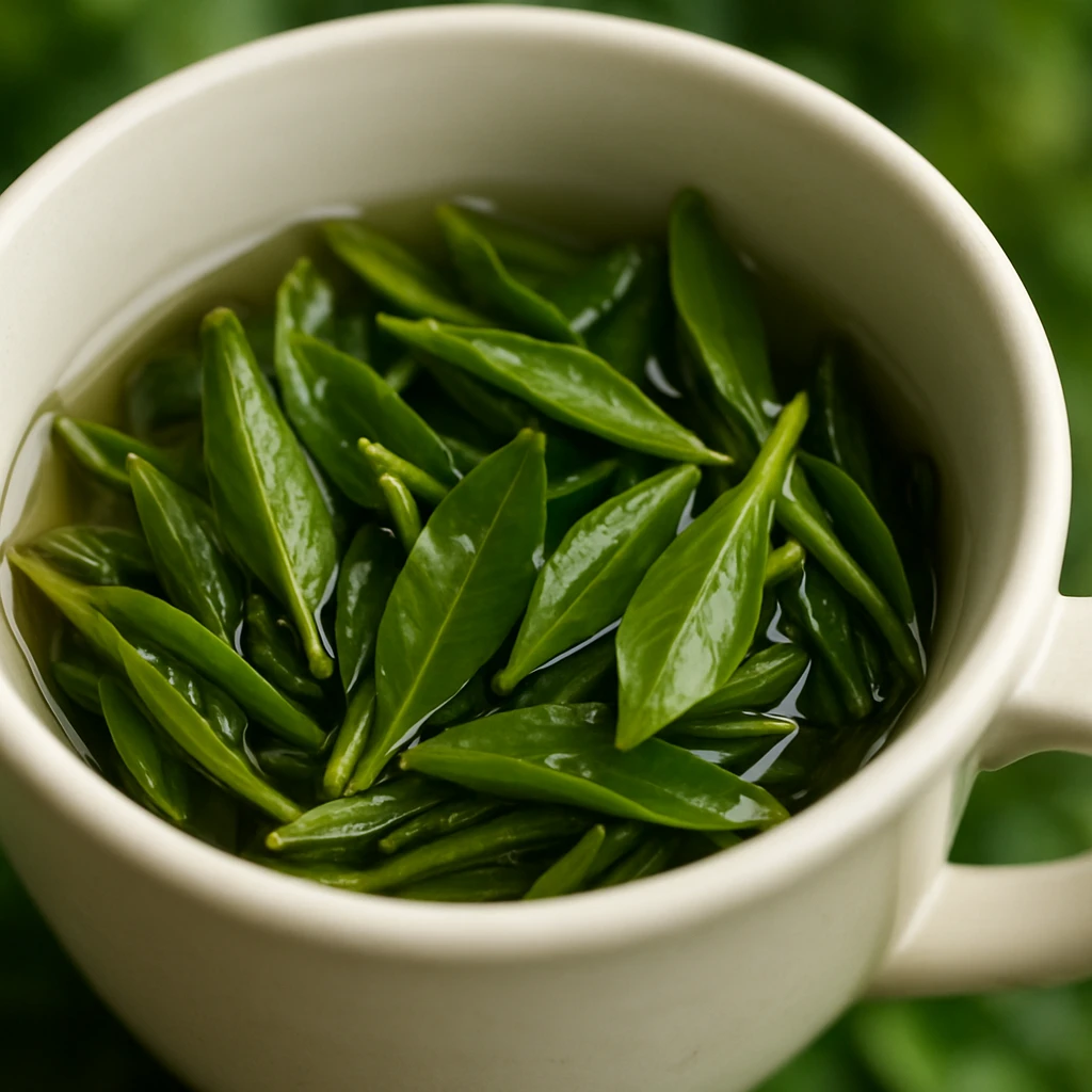 a close-up of tea leaves in a cup, with a fresh and natural look emoji