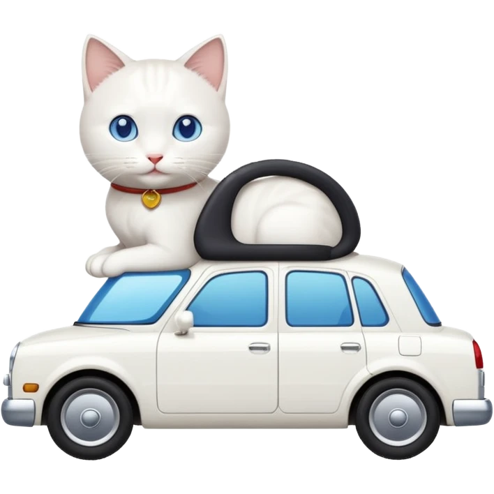 Please create a small emoji the size of 🚗 featuring a pure white cat with short tail with blue eyes on a white saloon car viewed from side. Again it is necessary that the emoji must be extremely small, much smaller than a standard sized sticker. emoji