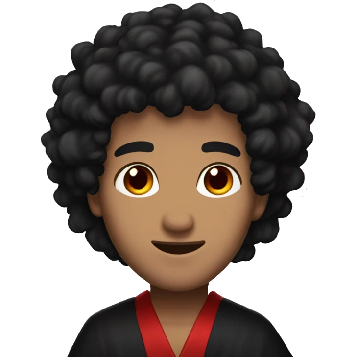 A man with black fluffy hair, red eyes, a fire mark on his forehead, fair skin, long eyelashes, and wearing black and red robes emoji