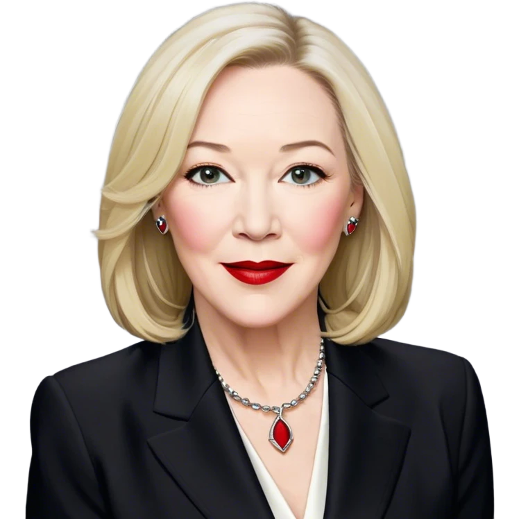 catherine o'hara, confident older woman with fair skin and straight blonde hair that falls just past her shoulders. Her facial expression should be playful and charismatic, with a slight smirk, arched eyebrows, and bright red lips. Her eyes should be expressive, slightly squinted as if amused and sarcastic. She is dressed in a black blazer with silver stud details along the lapels, paired with a white collared shirt and a black ribbon tie. emoji