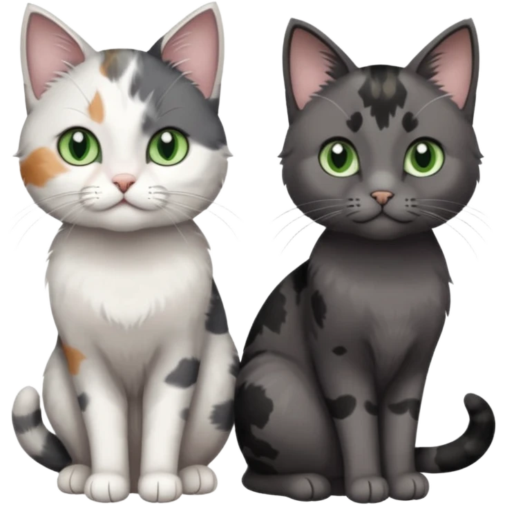 3 different coloured small cats including a dark grey and white, and a patchy calico and a completely solid dark grey with green eyes and only white paws emoji