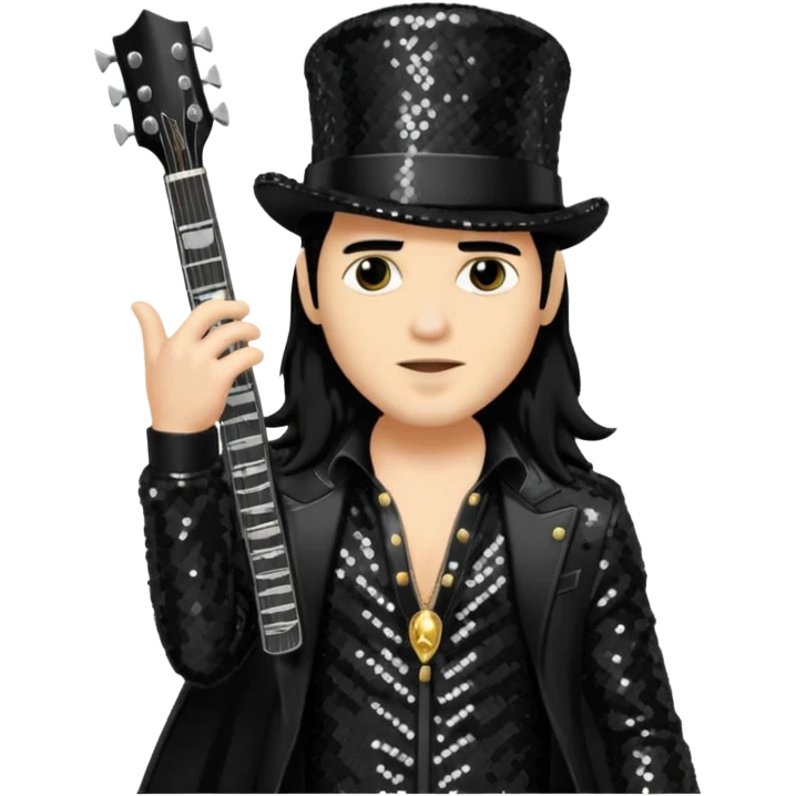 Slash from Gun n Roses with long jet black hair, black sequin outfit emoji