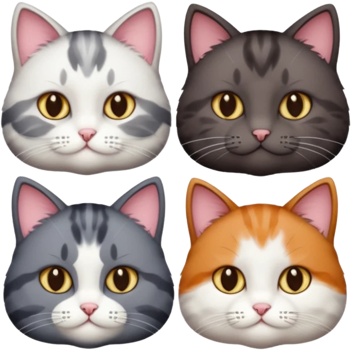 4 different coloured short haired cats including; a dark brown and white cat, and a dark grey and white  emoji