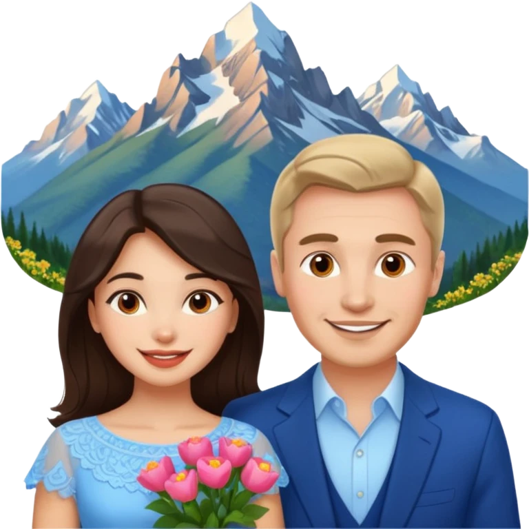 Couple traveling in Montenegro russian man and elegant  Latina girl delicate flowers and mountains in the background  emoji