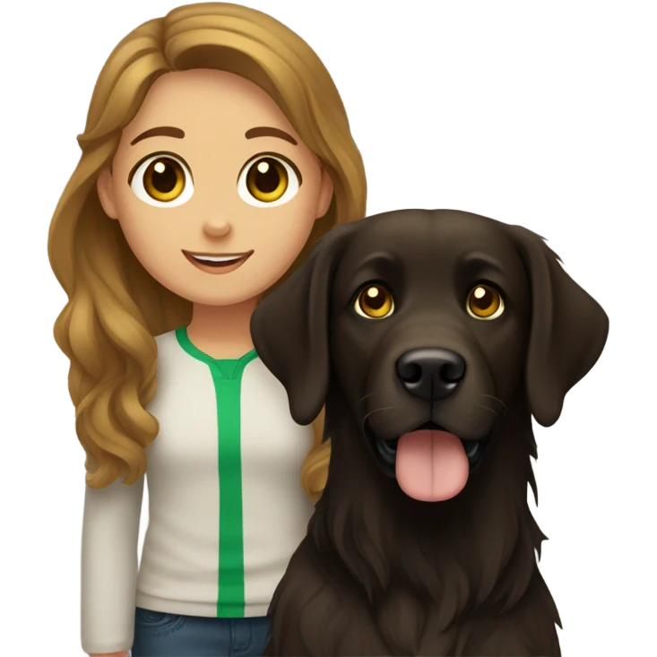 Girl with brown hair and green brown eyes next to a black golden retriever emoji
