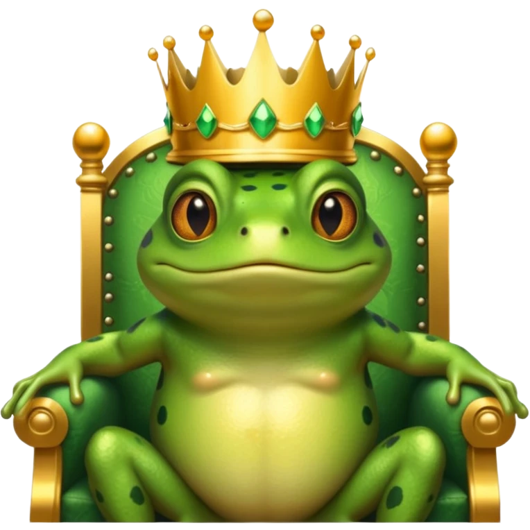 A frog wearing a crown, confidently sitting on a golden throne, portrait, bust up emoji