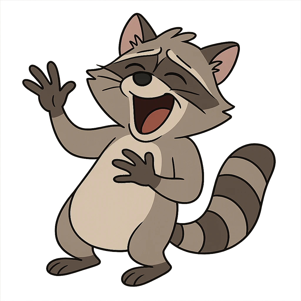 flat toon style raccoon laughing hard and waving emoji